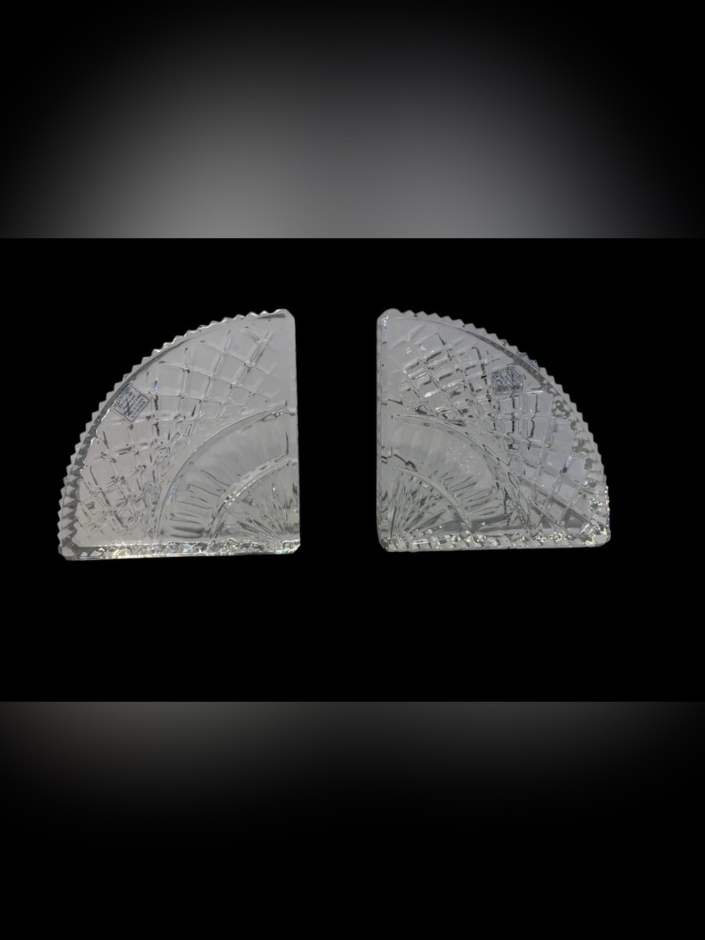 Vintage Samobor Illusions Cut Crystal Bookends Pair Croatia 24% Lead Glass Fan